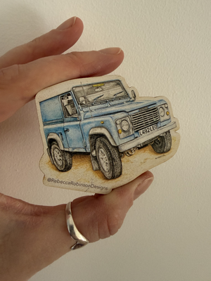 65Mm wooden magnet – blue defender side view