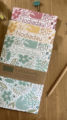 Set of 3 floral A5 notebooks (1 of each: red, yellow, aqua) “Nodiadau”