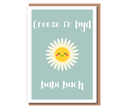Croeso i'r byd babi bach (smiling daisy, sage)