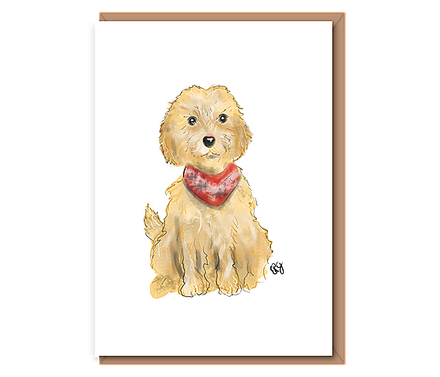 “Poppet” (blonde dog in red scarf)