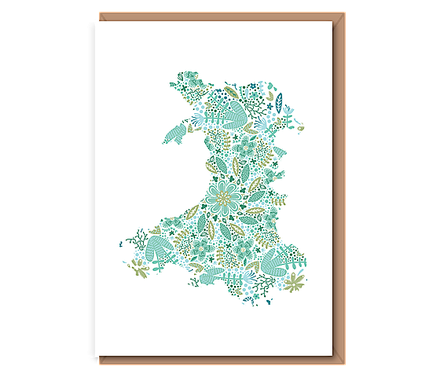 Aqua Floral map of Wales (A6 card)