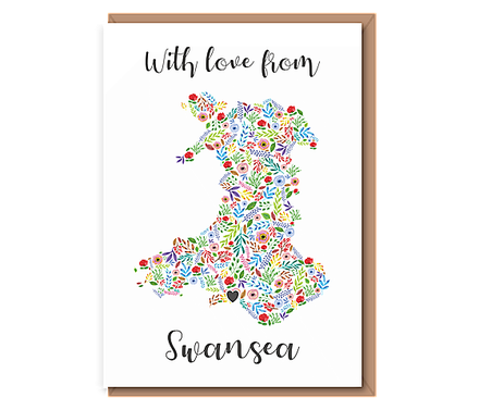 With love from ... (floral map of wales & black location heart)