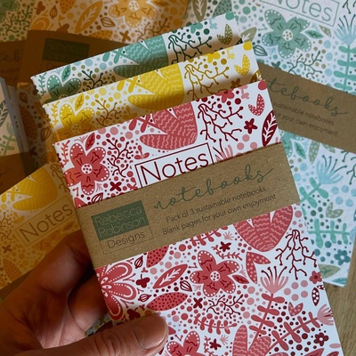 Set of 3 floral A5 notebooks (1 of each: red, yellow, aqua) “Notes”