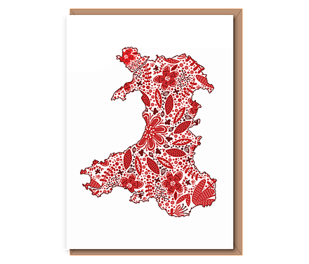 Red Floral map of Wales (A6 card)