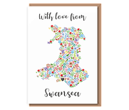 With love from ... (floral map of wales & black location heart)