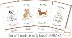 Set of 4 ‘Happy Christmas’ dog cards, nude in belly band