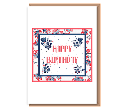 Happy Birthday – navy / coral floral frame