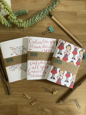 Set of 3 Welsh–themed A5 notebooks (1 of each) (Map, Welsh Lady, Calon Lân)