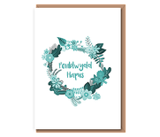 Penblwydd Hapus (teal wreath)