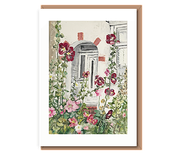 "White door hollyhocks (text free)