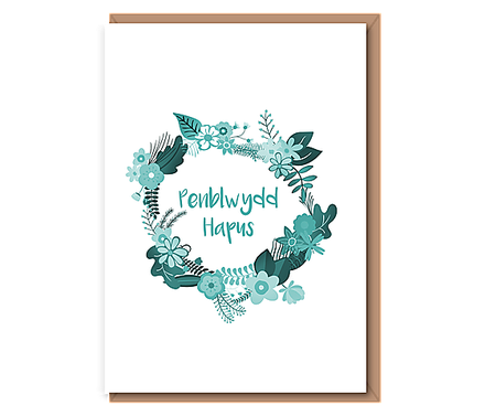 Penblwydd Hapus (teal wreath)