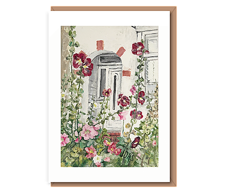 "White door hollyhocks (text free)