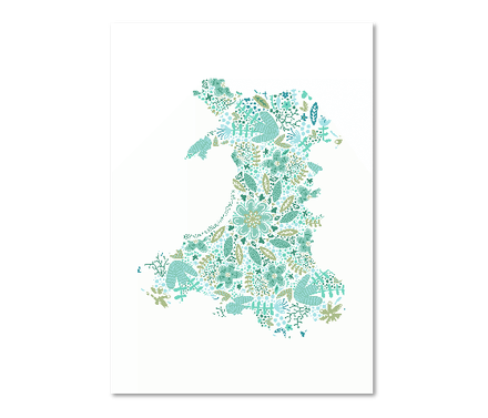 Aqua floral map of Wales