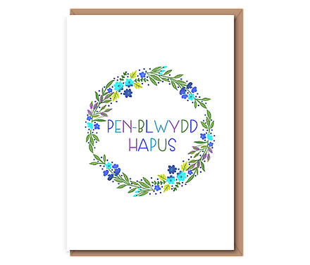 Penblwydd Hapus (blue & green wreath)